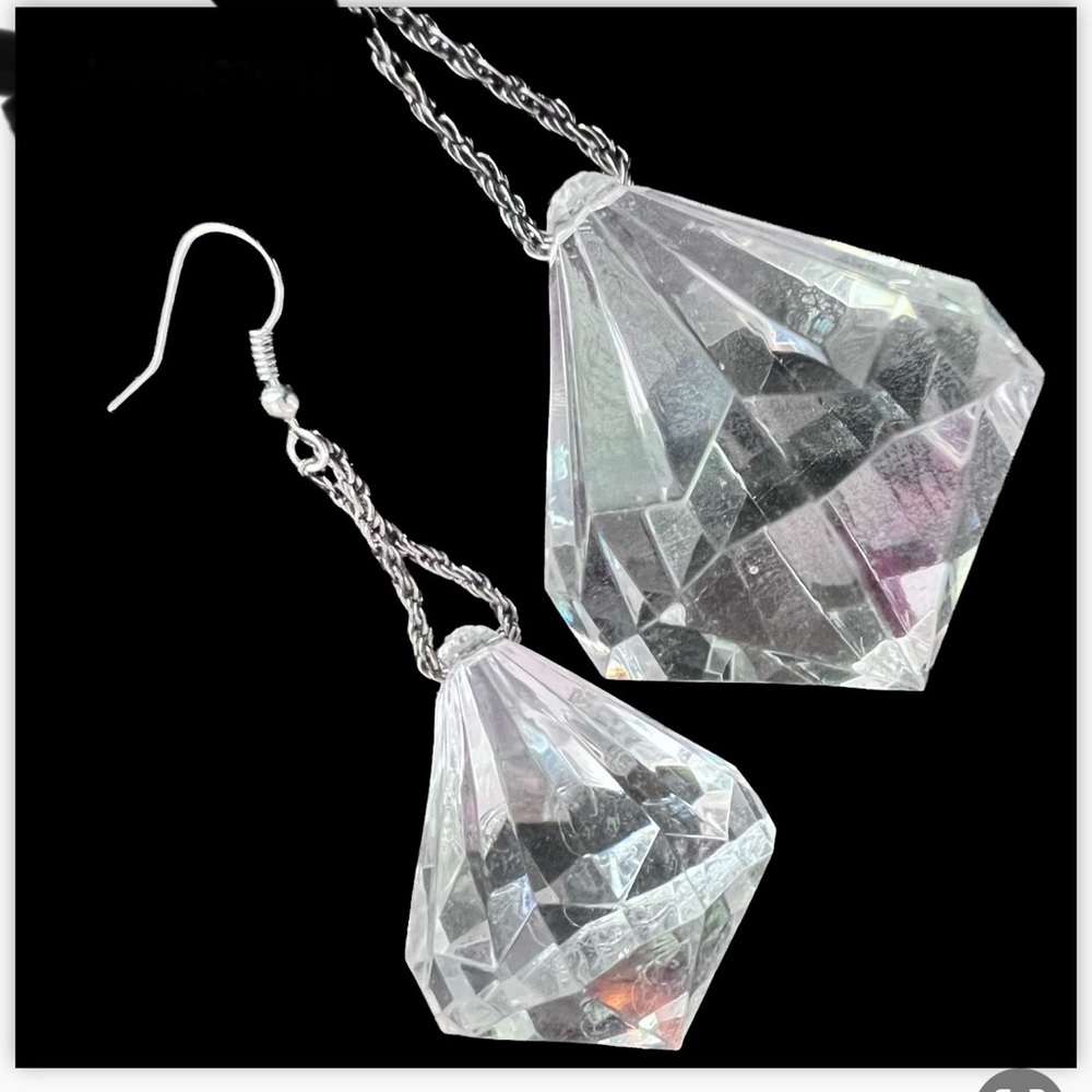 Wowza Giant Retro Faux Crystal Diamond Dangle Earrings GoGo Vintage Showstopper